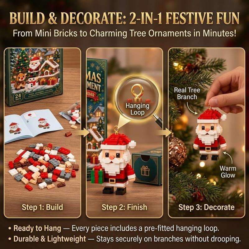 Mini Christmas, 24-Day Brick Ornament Advent Calendar, DIY Building Set for Christmas